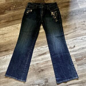 Ann Taylor Dark Blue Bootcut Jeans with Gold Sequined Floral Embroidery Size 6